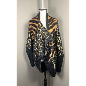 Max Sport Open Front Cardigan Eyelash Knit Black Orange Animal Print M/L